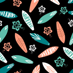 Seamless pattern background with surfboard and flowers