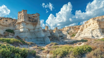 Fototapeta premium Scenic landscape featuring eroded cliffs and a blue sky with clouds
