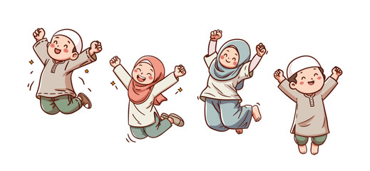 Happy Muslim Children Jumping and Celebrating Joyful Eid and Ramadan Moments Together