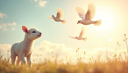Lamb looking up at flying birds in sunny field