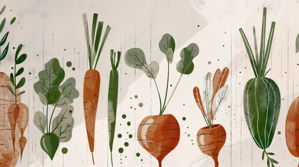Artistic illustration of various vegetables including carrots and greens, colorful and modern design