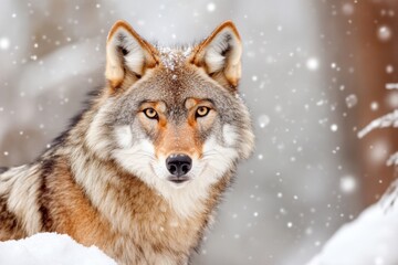 Obraz premium Wolf with piercing eyes stands in a snowy forest, blending with the winter landscape and observing its surroundings intently