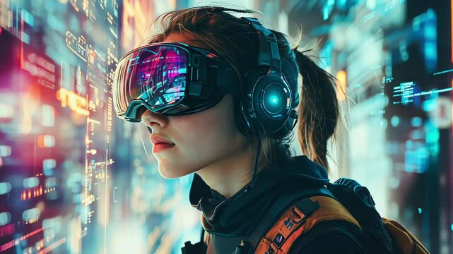 Young woman with VR headset in virtual world