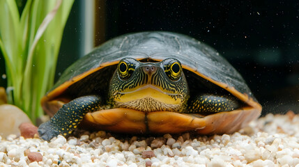 Obraz premium Turtle aquarium closeup, aquatic reptile resting on gravel, plants blurred background, perfect for pet, nature websites
