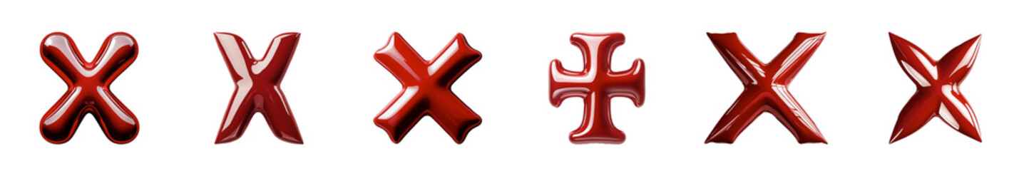 A Series Of Crimson Xs And A Single Maltese Cross, Each With A Glossy, Three-dimensional Texture Against A Stark Isolated on Transparent Background