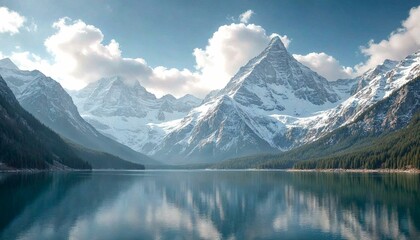 Naklejka premium Serene Lake with Snow-Capped Peaks and Forests