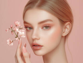 Fototapeta premium Pink natural beauty, self-care, and graceful simplicity. It emphasizes a connection to nature and a refined, feminine aesthetic.