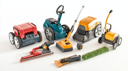 Fototapeta premium Power tools vector electric construction equipment circular-saw lawn mower illustration set of electric jig-saw grass-cutter and carpentry tools isolated on white background