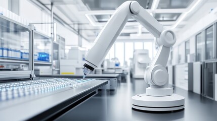 Robotic arm in lab, processing samples, modern facility, automation research