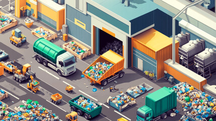 Waste recycling vector garbage process factory truck brought processing industry processed manufacturing production illustration.