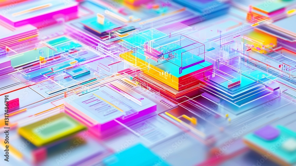 Poster vibrant illustration of taxation process emphasizing layered flowcharts abstract representations of 
