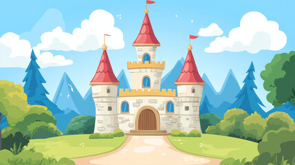 Naklejka premium Cartoon castle vector fairytale medieval tower of fantasy palace building in kingdom fairyland illustration towering set of historical fairy-tale towered house isolated on white background