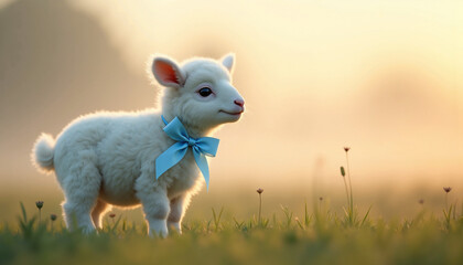 Obraz premium Cute lamb standing in a field at sunrise