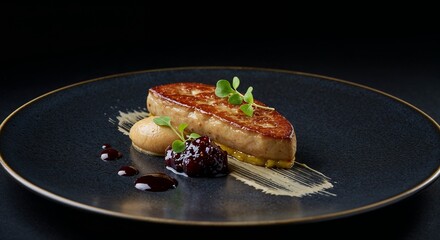 Foie gras torchon with fig compote on elegant dark plate for gourmet restaurant menus, fine dining blogs, culinary photography, and luxury food marketing