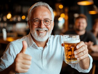 A cheerful elderly man enjoying a beer in a warm and inviting pub atmosphere, giving a thumbs up. The scene captures the joy of socializing and savoring a refreshing beverage.