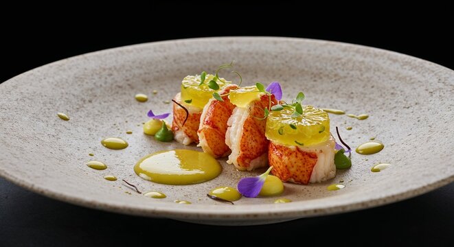 Lobster medallion with citrus gel artistically plated for fine dining restaurants, gourmet food blogs, culinary competitions, restaurant menus, and upscale seafood menu design