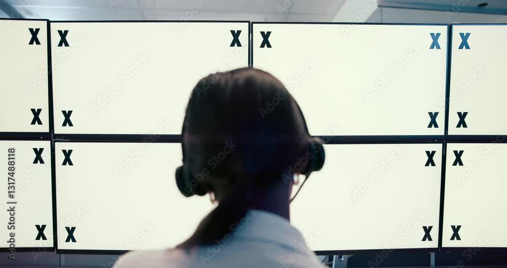 Poster Communication, computer screen and space for surveillance with woman in CCTV control room from back. Display, security and tracking markers on monitor mockup for tracking crime with person in headset
