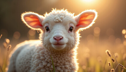 Obraz premium Smiling lamb in a sunlit meadow
