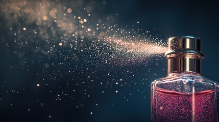 Elegant perfume bottle with shimmering spray in soft light background