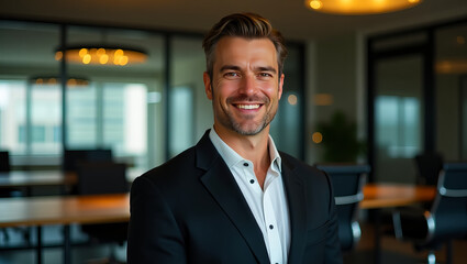 Fototapeta premium Confident Successful Businessman Portrait Professional Modern Office Background Happy Smiling Man Executive Corporate Attire Leadership Image Strong 