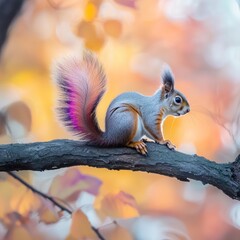 Obraz premium Colorful squirrel on branch. Bright autumn backdrop