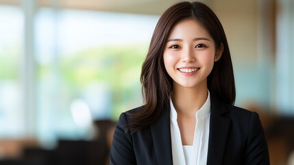 Fototapeta premium A confident businesswoman smiling warmly in a modern office environment, showcasing professionalism and approachability, ideal for corporate and leadership themes.