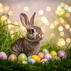 Cute bunny among colorful Easter eggs with soft light in green grass