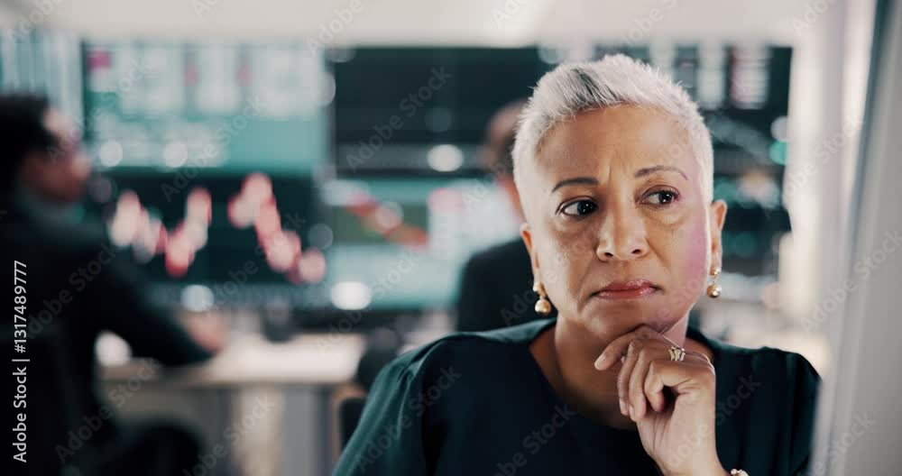 Aufkleber computer, thinking and trading with mature woman in office for problem solving or vision. idea, plan
