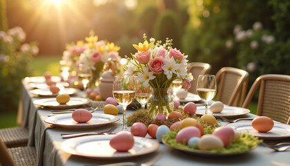 Elegant Easter table setting with flowers and colorful eggs