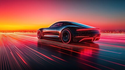 Naklejka premium Futuristic Sports Car: Speed, Technology, and Urban Sunset