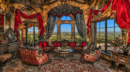 Fototapeta premium Luxurious living room with hilltop view, ornate furniture, and rich decor, ideal for real estate or interior design