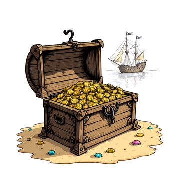 recommend clip art: Treasure chest overflowing with gold coins on sandy beach, adventure
