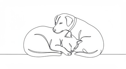 Obraz premium Curled Up Cat and Dog Minimalist Illustration