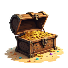 Treasure chest overflowing with gold coins on sandy beach, adventure