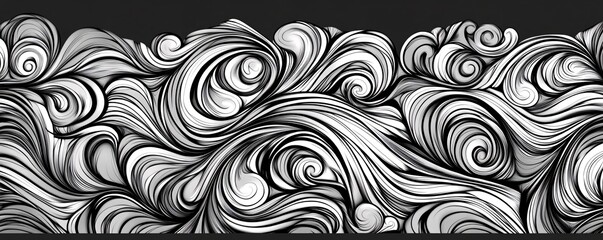 Fototapeta premium Doodle-inspired black-and-white abstract waves, seamless background