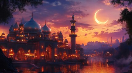 Obraz premium Serene mosque illuminated by Ramadan lanterns at twilight with crescent moon