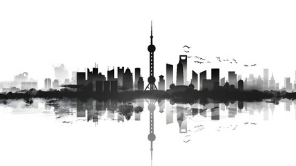 Shanghai Skyline Silhouette  Cityscape Reflection  Ink Wash Painting