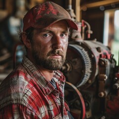 Young man with beard in plaid shirt working in rustic workshop during the day with machinery in background