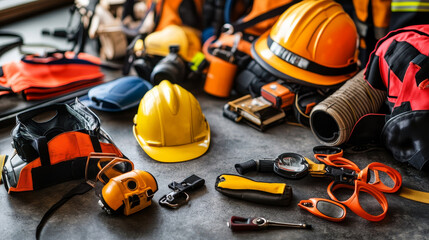 Fototapeta premium Fire safety equipment emergency tools firefighter safe danger accident protection vector illustration.