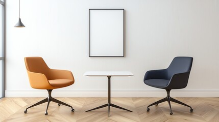 A modern interior showcasing a minimalist design with two stylish chairs in orange and blue. A simple round table sits between them, complemented by a blank wall for customization.