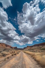 Fototapeta premium Majestic desert landscape with dramatic clouds above a dusty road in the vast canyon during midday