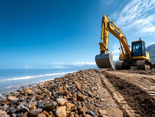 A powerful excavator works near the shoreline, reshaping the landscape by the beach. The bright blue sky and calm ocean create a stunning backdrop for this industrial scene.
