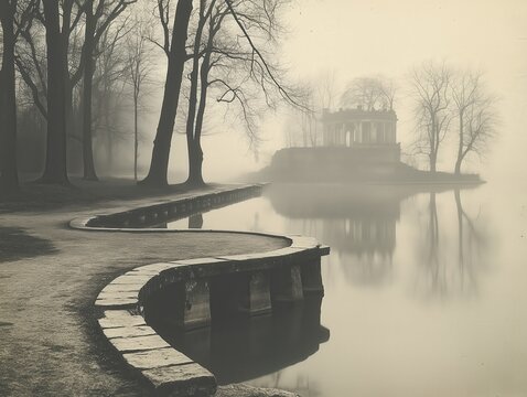 Misty lake landscape featuring a stone path leading to a classical structure on an island enveloped in a serene and foggy atmosphere