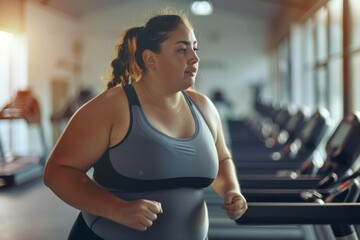 Fototapeta premium Beautiful overweight woman in sportswear smiling in gym interior. Neural network ai generated