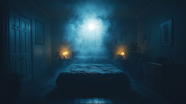 Darkened room with a sleeper gasping for breath the air being visually pulled away creating a sense of panic as they experience a sleep apnea episode lit only by a faint moon
