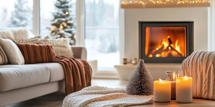 A cozy living room displays winter decorations with a warm fireplace