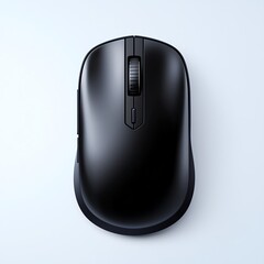 A sleek black wireless mouse resting on a light background