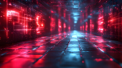 Naklejka premium Cyber Corridor: A visually stunning digital hallway, with futuristic glowing red and blue lights, hinting at advanced technology and cyberspace.