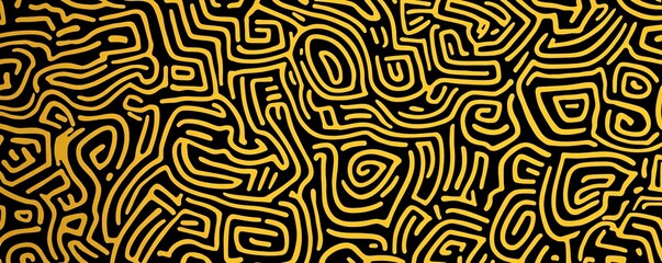 Fototapeta premium Maze-inspired hand-drawn doodle pattern, black and yellow abstract texture