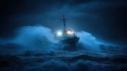 Obraz premium Ship navigating stormy ocean at night; dramatic waves; nautical adventure; website banner